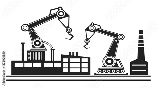 Industrial robotic arms operating in a factory setting with machinery and smokestack