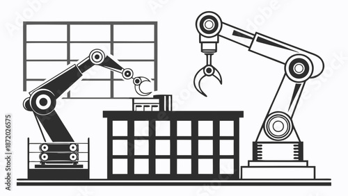 Robotic arms working together in an industrial setting with machinery and grid background