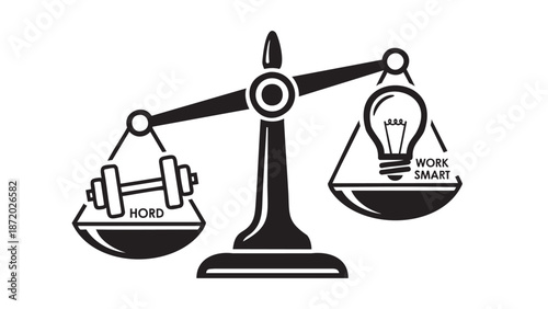 Balance between smart work and hoarding resources illustrated with scales