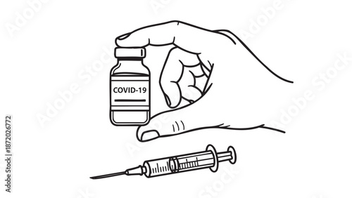 Hand drawn illustration of COVID vaccine bottle and syringe isolated