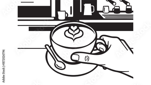 Hand drawn steaming coffee cup with heart shaped latte art isolated