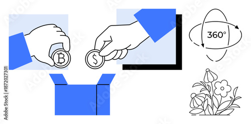 Cryptocurrency, donations, nature conservation, financial transactions, digital currency, nonprofit funding. Two hands holding coins, Bitcoin and Dollar, above a box with stylized nature