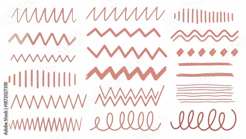 A collection of hand-drawn, wavy, zigzag, and curly line illustrations in a muted rose color, presented on a white background.