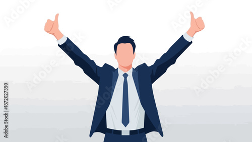 A man in a suit with his arms raised in a gesture of success and celebration, giving two thumbs up.
