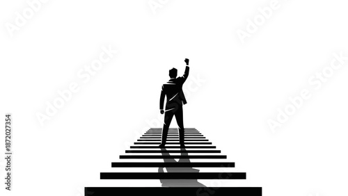Silhouette of a businessman standing on stairs with his arm raised in triumph against a white background.