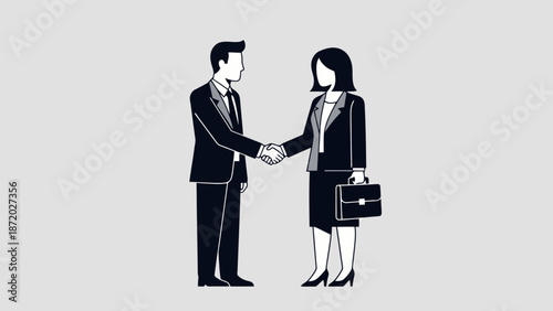 A man and a woman in business attire shake hands, symbolizing a deal or agreement.