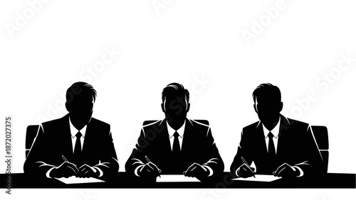 Three silhouetted businessmen in suits sitting at a table, signing documents, representing a business meeting or agreement.
