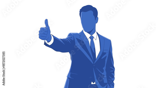 A man in a blue suit giving a thumbs-up gesture, symbolizing approval or success.