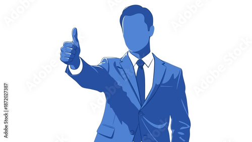 A man in a blue suit giving a thumbs-up gesture, symbolizing approval or success.