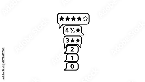 A visual representation of a rating system using stars within speech bubbles, showing a progression from five stars down to zero.