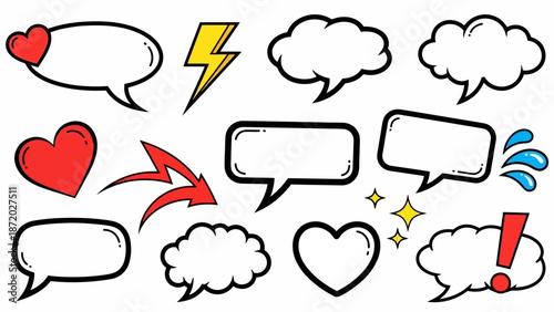 A collection of comic book style speech bubbles, hearts, lightning bolts, and other graphic elements on a white background.