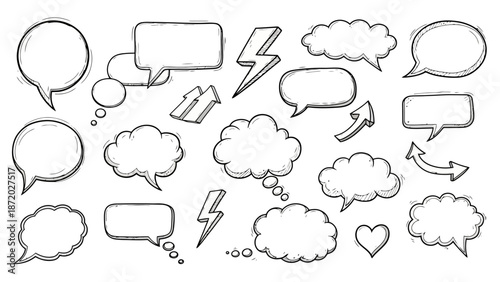 A collection of hand-drawn speech bubbles, thought clouds, lightning bolts, arrows, and a heart symbol, presented in a sketchy, black and white style.