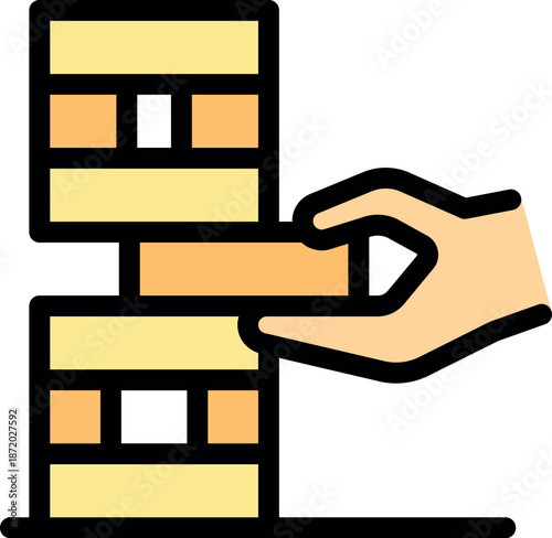 Hand carefully pulls a block from a stacked tower game