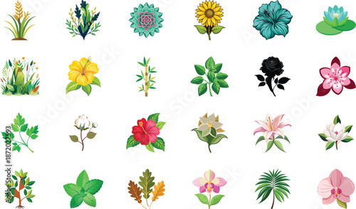 Botanical Plant and Flower Illustration Bundle Featuring Tropical Leaves, Succulents, Cactus, Ferns and Floral Elements, Nature Inspired Flat Vector Icons Isolated on White Background