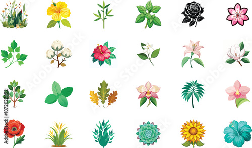 Botanical Plant and Flower Illustration Bundle Featuring Tropical Leaves, Succulents, Cactus, Ferns and Floral Elements, Nature Inspired Flat Vector Icons Isolated on White Background