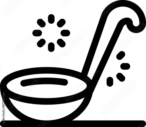Hot soup ladle pouring liquid, dripping broth, preparing food line icon for apps and websites