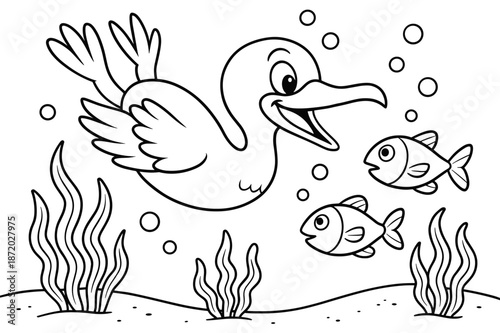 Diving Cormorant Coloring. Cormorant diving children?s coloring book illustration, outlined drawing, a cheerful cormorant underwater chasing fish with bubbles