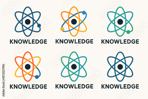 Harmonious Knowledge Logos. Knowledge. Set Logo of Knowledge: Atom. harmonious logo variations of the same emblematic concept, each with