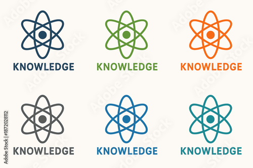 Harmonious Knowledge Logos. Knowledge. Set Logo of Knowledge: Atom. harmonious logo variations of the same emblematic concept, each with