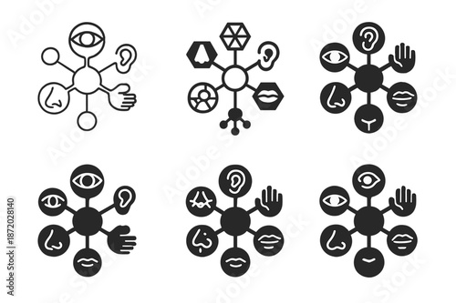 Sensory Neurons Logos. How our senses work. Icon set. Set Logo of How our senses work: sensory neurons network. harmonious logo variations of the