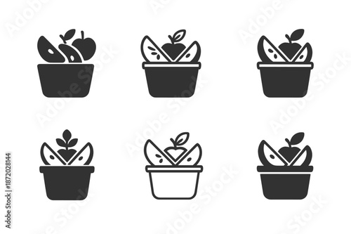 Apple Snack Logo Variations. Preparing school lunch. Icon set. Set Logo of preparing school lunch: apple slices in snack cup. harmonious logo variations of the