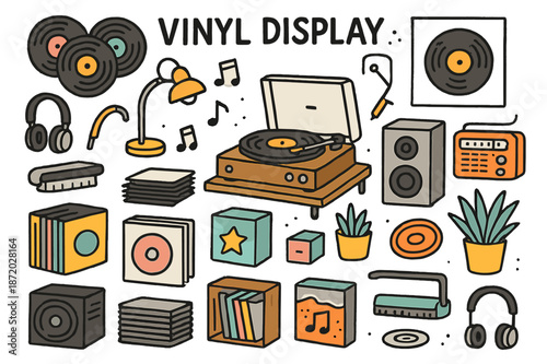 Retro Vinyl Wonderland. Vinyl display. Hand-drawn doodle illustration record player (colored), vinyl records (colored), turntable (colored), speaker (colored),