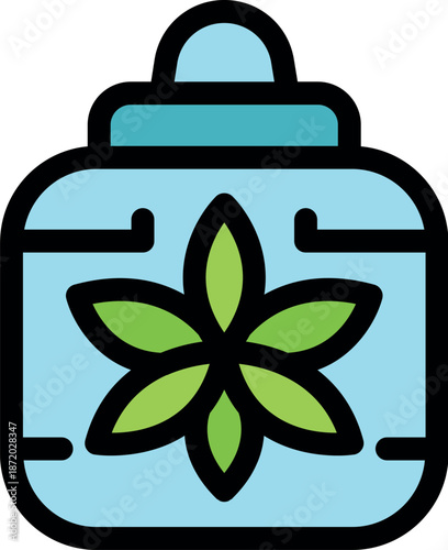 Blue jar featuring a green leaf symbol, representing herbal medicine