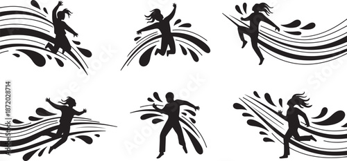 Silhouettes of people dancing with abstract lines and splashes
