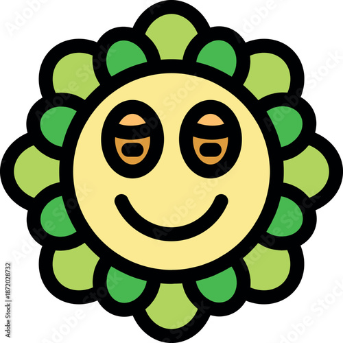 Cartoon flower with a smiling face and sleepy eyes, conveying a sense of happiness and tranquility