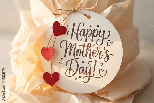 Happy Mothers Day Gift Tag with Hearts on Present