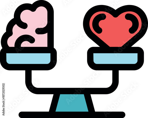 Brain and heart balancing on scales, symbolizing the struggle between logic and emotion in decision making