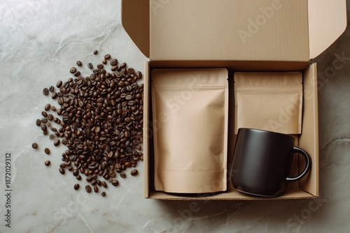 Modern Coffee Subscription Box Mockup with Black Mug and Bags