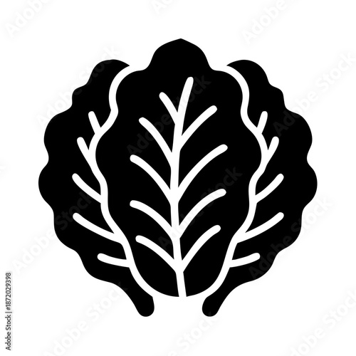 Simple black silhouette icon of fresh lettuce or cabbage leaves with white veins