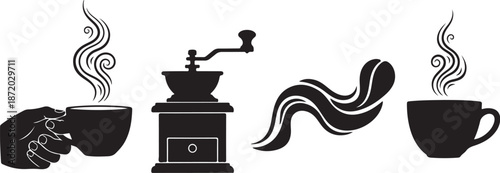 Coffee Time Silhouette Icons with Steam and Grinder