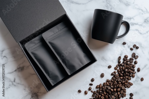 Artisan Coffee Branding Mockup featuring Black Bags and Ceramic Cup