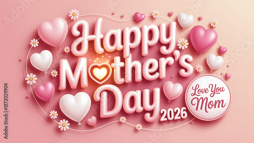 Happy Mothers Day 2026 Card with Hearts and Flowers