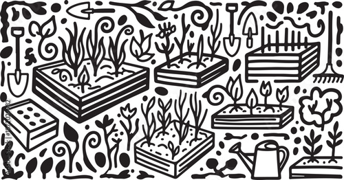 Gardening tools and plants in a whimsical illustration style