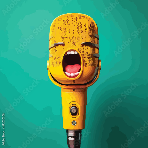 Yellow Microphone with Open Mouth and Cartoonish Facial Features.