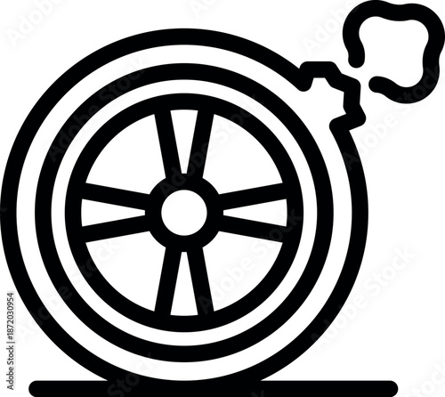 Punctured car wheel is losing air and emitting smoke, symbolizing a breakdown or road hazard