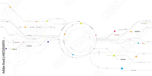 Vector futuristic technology background with white circle circuit wires on light colorful motherboard., Vector motherboard or circuit board on white background. 