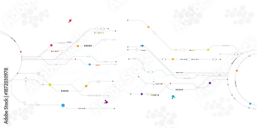 Vector futuristic technology background with white circle circuit wires on light colorful motherboard., Vector motherboard or circuit board on white background. 