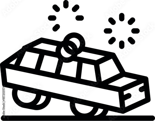 Wedding limousine moving on road with fireworks and rings celebrating marriage