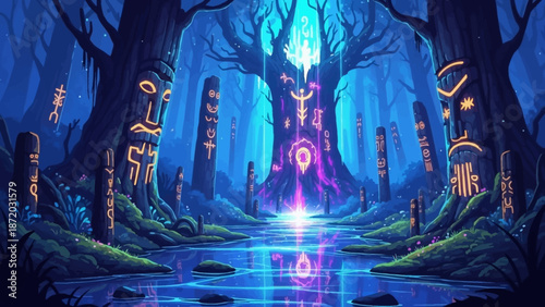 Mystical Forest Sanctuary with Ancient Totems and the Whisk of Ethereal Energy