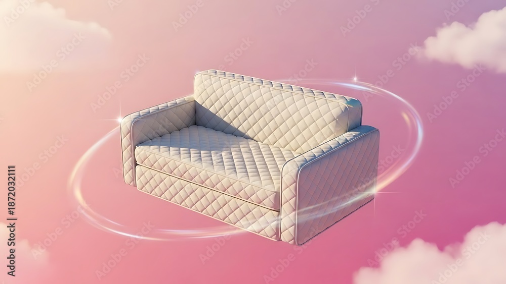 Fototapeta premium Modern Quilted Sofa Floating in Dreamy Pink Sky, Ethereal Glow & Sparkles