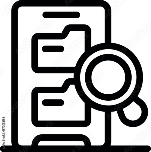Mobile app interface displaying folders under scrutiny by a magnifying glass, symbolizing file search functionality