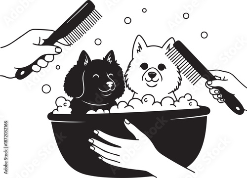 Cute dogs getting a bath with soap bubbles
