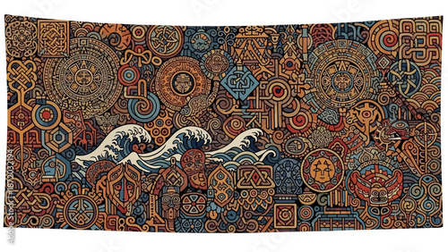 Ornate Tapestry with Interlocking Geometric Patterns and Waves