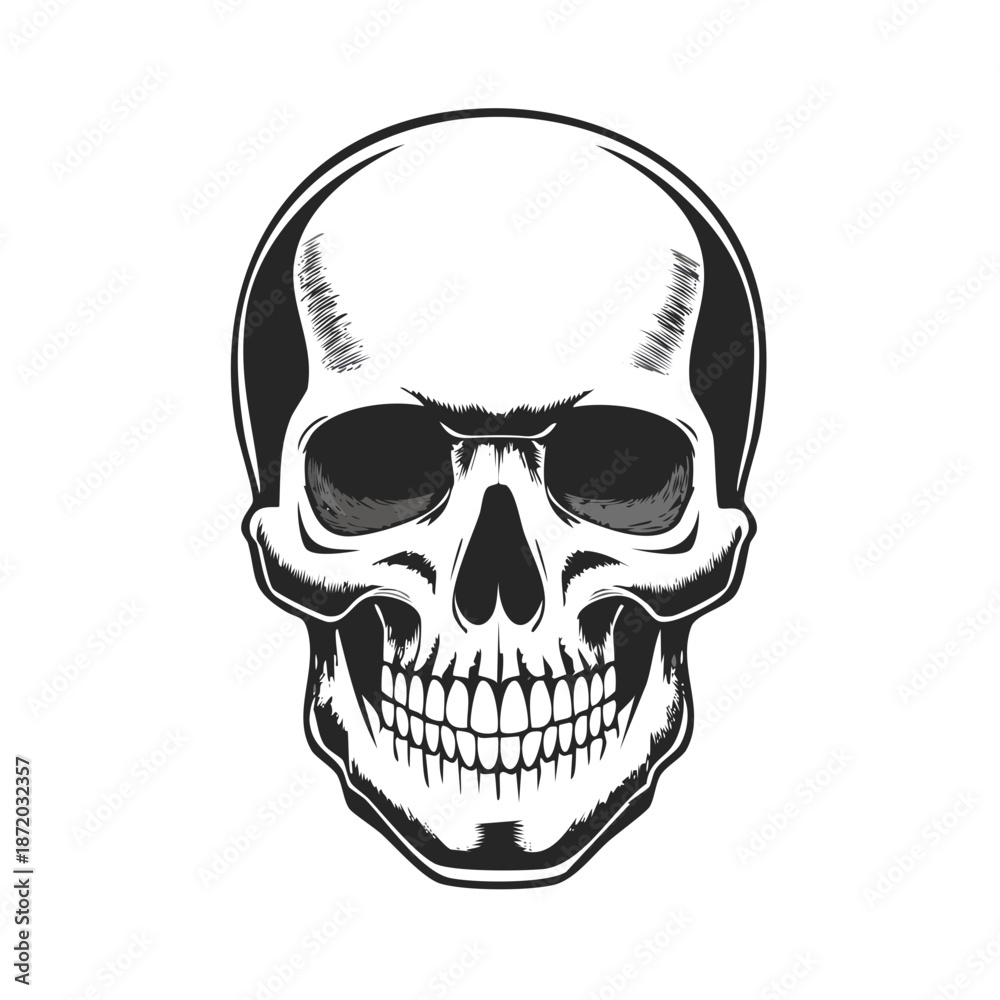 Fototapeta premium Monochrome human skull drawing, front view illustration on light background