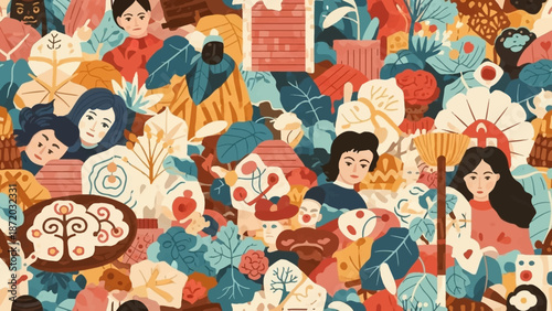 Intertwined Diversity A Whisk of Women and Nature in a Vibrant Botanical Mosaic Illustration