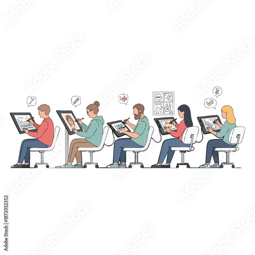 Group of Diverse Digital Artists Drawing on Tablets in a Creative Studio Workspace